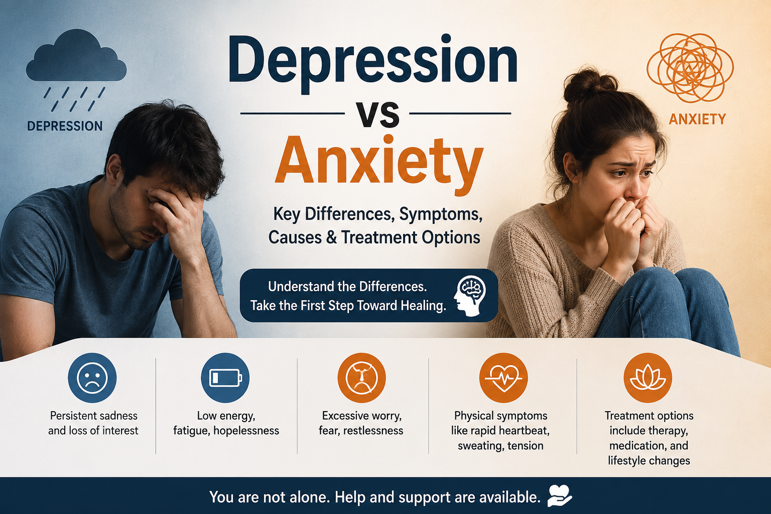 Depression vs anxiety symptoms comparison illustration
