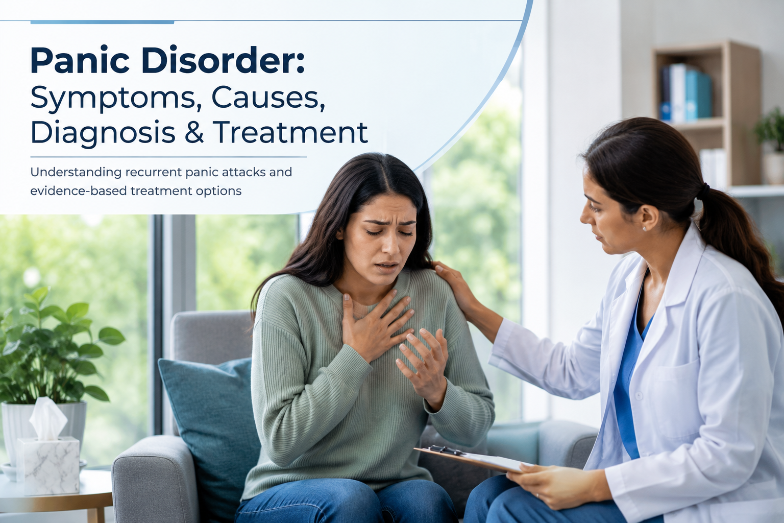 Healthcare professional providing reassurance to a patient experiencing symptoms of panic disorder during a clinical consultation.